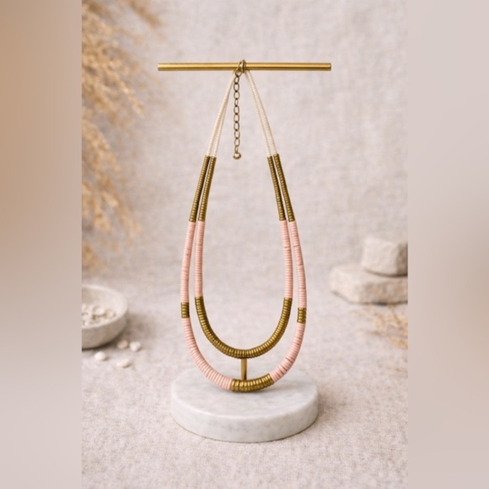🧡2X strand necklace w/pink shell heishi beads & antique gold-tone spun spacers🩷